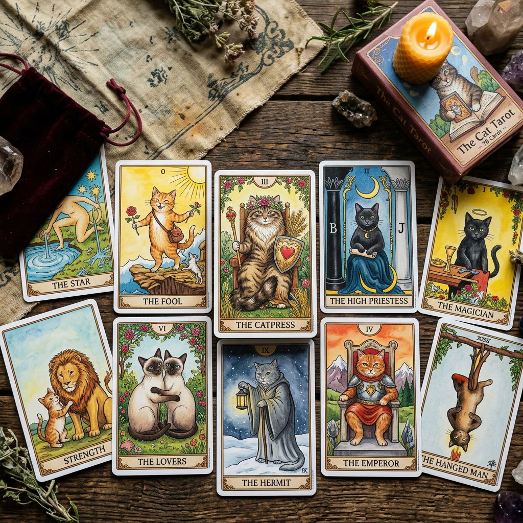 Cat-themed Tarot cards featuring illustrated cats as major arcana figures