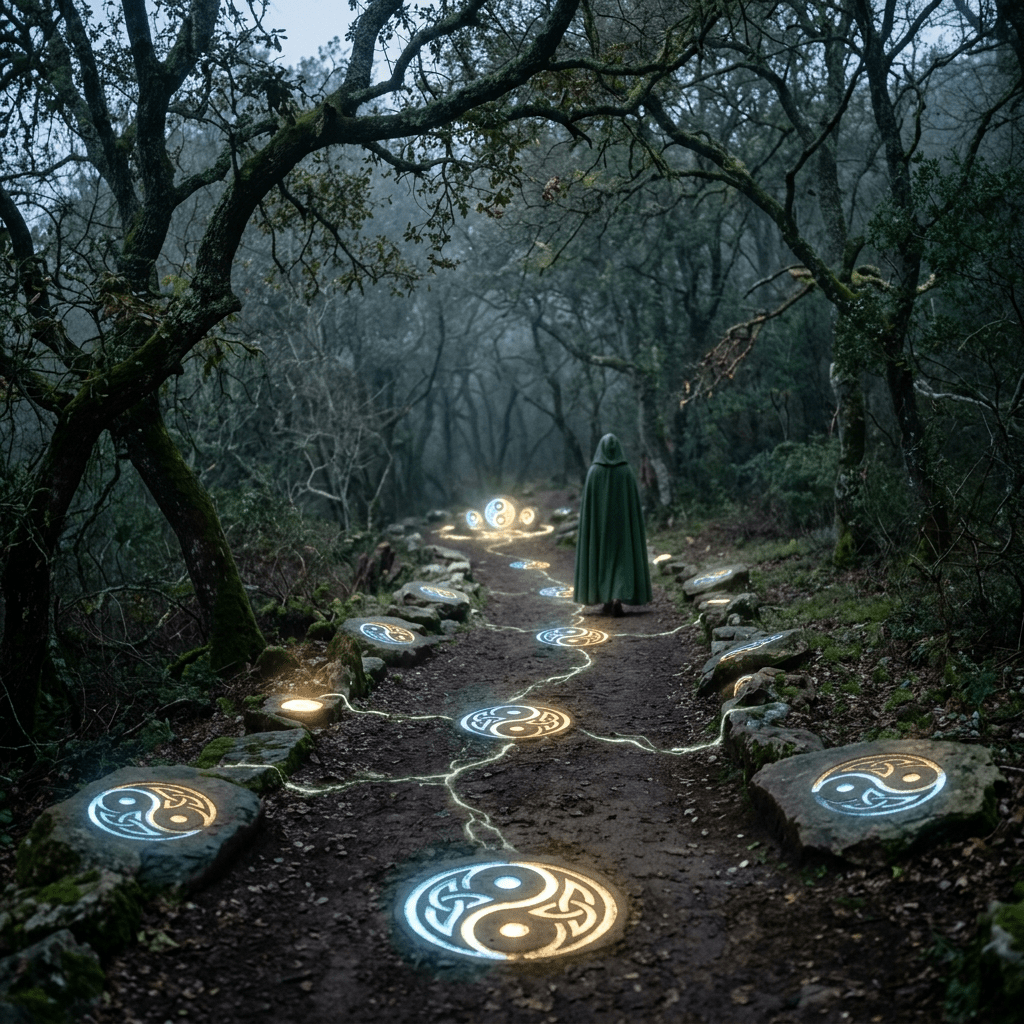 Path in a dark forest with glowing yin-yang symbols and a cloaked figure walking